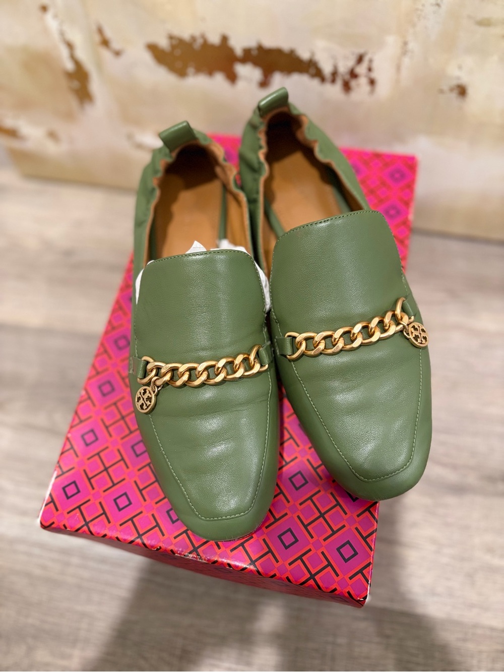 Tory Burch Olive Green Chain-Trim Loafers